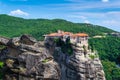 Mountain view on Meteora monastery in greece on mountain, cloudy weather