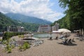 Mountain view and modern hotels in the resort of Rosa Khutor