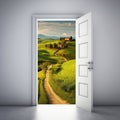 A mountain house path view through an open white door Royalty Free Stock Photo