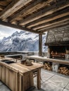 Mountain View Outdoor Kitchen With Fireplace Royalty Free Stock Photo