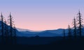 Mountain view with a realistic silhouette of dry fir trees from the countryside edge at dusk Royalty Free Stock Photo