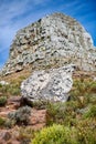 Mountain view, rocks and boulders in uncultivated, rough and dangerous hiking terrain in secluded overseas nature Royalty Free Stock Photo