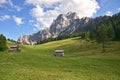 Mountain view: Rugged rocks green meadows.