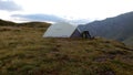 Mountain view with small camping tent