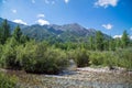 Mountain view with small river in front, sunny summer day. East Sayan, Buryatia, Russia.