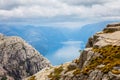 Mountain view to the long narrow norwegian fjord, Lysefjord, Prekestolen hiking trail, Forsand, Rogaland county, Norway