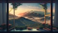 Mountain View Through Window, Nature Landscape Background. Royalty Free Stock Photo