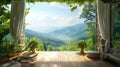 Mountain view from a wooden balcony with flowers. Travel and nature concept Royalty Free Stock Photo