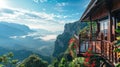 Mountain view from a wooden balcony with flowers. Travel and nature concept Royalty Free Stock Photo