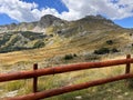 Mountain view. Wooden fence and the meadow on foothills Royalty Free Stock Photo