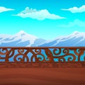 Mountain views from the balcony with ornate balustrade. Vintage architecture. Vector cartoon close-up illustration.