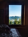 Mountain views from closed window. Royalty Free Stock Photo