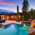 A mountain villa with an infinity pool, a hot tub, and a panoramic viewA southwestern-style home with a stucco exterior, a terra