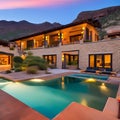 A mountain villa with an infinity pool, a hot tub, and a panoramic viewA southwestern-style home with a stucco exterior, a terra