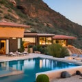 A mountain villa with an infinity pool, a hot tub, and a panoramic viewA southwestern-style home with a stucco exterior, a terra