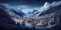 Mountain village at Christmas night in winter, amazing view of snowy ski resort in lights. Landscape with houses, lake, snow and Royalty Free Stock Photo