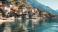 A mountain village located by the sea, surrounded by turquoise waters. It reflects a peaceful life in a natural and idyllic