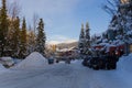 Mountain village after snowfall. Cold season, snowdrifts after a blizzard storm - swept roads, pedestrian areas. Whistler Royalty Free Stock Photo