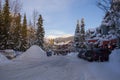 Mountain village after snowfall. Cold season, snowdrifts after a blizzard storm - swept roads, pedestrian areas. Whistler Royalty Free Stock Photo