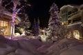 Mountain village after snowfall in night. Christmas illumination - trees, garlands and night lights, snow-covered houses, pine tre Royalty Free Stock Photo