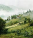 Mountain village in the valley early in the morning. Misty mountains at dawn. Created by artificial intelligence