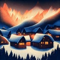 Mountain village in the winter. Watercolor illustration. Christmas landscape. AI generated Royalty Free Stock Photo