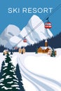Mountain vintage winter resort village Alps, Switzerland. Snow landscape peaks, slopes with red gondola lift. Travel