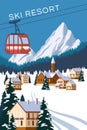 Mountain vintage winter resort village Alps, Switzerland. Snow landscape peaks, slopes with red gondola lift. Travel