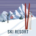 Mountain vintage winter resort village Alps, Switzerland. Snow landscape peaks, slopes with red gondola lift, with