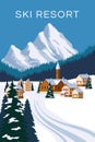 Mountain vintage winter resort village Alps, Switzerland. Snow landscape peaks, slopes. Travel retro poster, vector Royalty Free Stock Photo