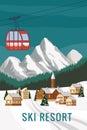 Mountain vintage winter resort village Alps, Switzerland. Snow landscape peaks, slopes. Travel retro poster, vector Royalty Free Stock Photo