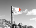 Mountain warning sign at the Auronzo refuge. Italy.