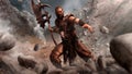 Mountain warrior, barbarian in leather armor with a large ax in his hand among falling stones and rocks.