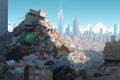 A mountain of waste against a modern cityscape, symbolising the urban environmental crisis. Generative AI illustration