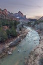 Mountain watchman - virgin river at colorful fall autumn sunset - zion national park Royalty Free Stock Photo