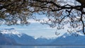 Mountain and Water Background View. Lake Geneva Vevey, Switzerland Royalty Free Stock Photo