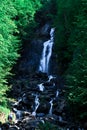 Mountain waterfall falls from above from rocks around green trees in sun light Royalty Free Stock Photo