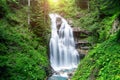 A Mountain Waterfall Flows Over The Rocks. Deep Rainforest Waterfall View