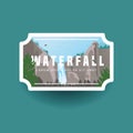 Mountain waterfall and green forest landscape. Waterfall cascade in wild mountain and forest natural landscape. Badge