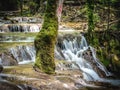 Mountain waterfall on hike path