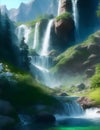 mountain waterfall, mountain landscape illustration Royalty Free Stock Photo