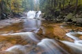 Mountain waterfall river stream view. Forest waterfall in mountains. Small stream in autumn season, colorful landscape. Beautiful Royalty Free Stock Photo