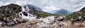 Mountain waterfall stream in misty rainy weather in the valley flowers. Cylindrical panorama 360