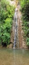 mountain waterfall, trees, lake, summer.