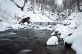 Mountain waterfall at winter. Carpathian mountains, Ukraine