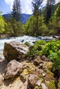 Mountain wild river landscape. River valley in mountains. Wild mountain river panorama. Small waterfall in forest stream. Long Royalty Free Stock Photo