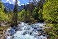 Mountain wild river landscape. River valley in mountains. Wild mountain river panorama. Small waterfall in forest stream. Long Royalty Free Stock Photo