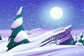 Mountain winter landscape with snowy trees, moon and stars. Snowy night. Vector cartoon illustration Royalty Free Stock Photo