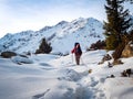 Mountain winter tourism. Back view