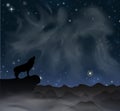 Mountain wolf howls at the moon under the sky with stars. Eps 10 vector illustration Royalty Free Stock Photo